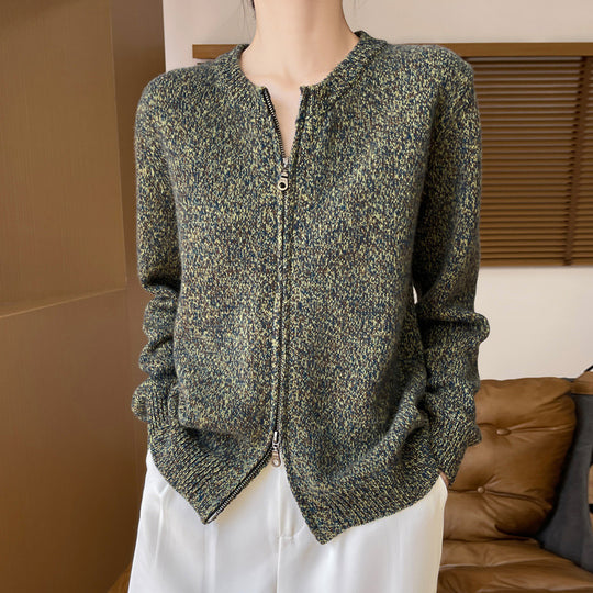 Damen Melierter Reißverschluss-Cardigan mit Zwei-Wege-Zipper und gerippten Bündchen Nord Taschen