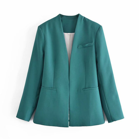 Damen Taillierter Blazer ohne Revers mit offener Front und Paspeltaschen Nord Taschen