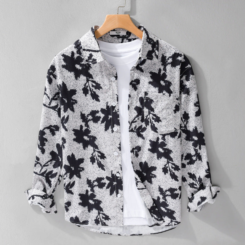 Herren Lockeres Baumwoll-Layering-Overshirt mit painterly Blumenallover und Brusttasche Nord Taschen