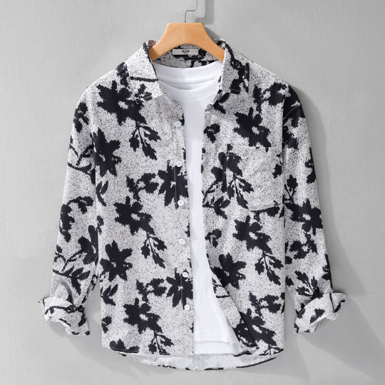 Herren Lockeres Baumwoll-Layering-Overshirt mit painterly Blumenallover und Brusttasche Nord Taschen