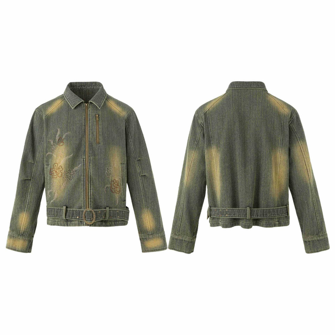 Damen Bestickte kurze Denim-Blousonjacke mit Taillengürtel und Reißverschluss Nord Taschen