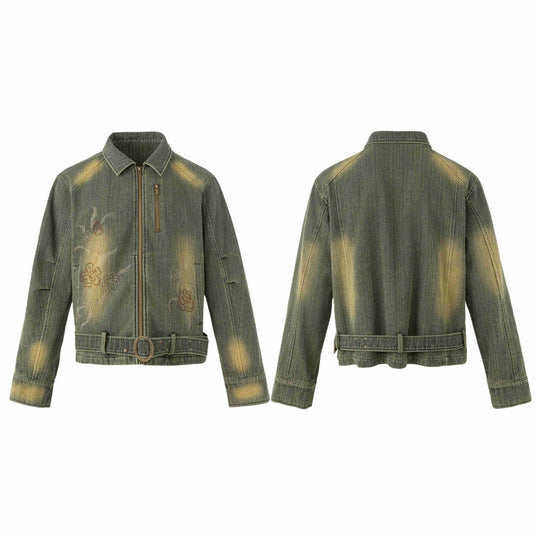 Damen Bestickte kurze Denim-Blousonjacke mit Taillengürtel und Reißverschluss Nord Taschen