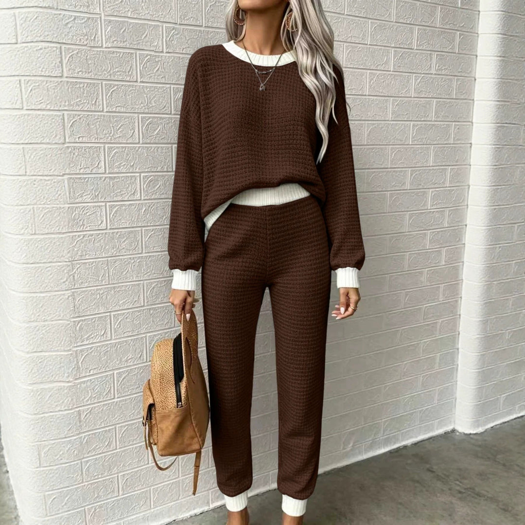 Damen Waffelstrick-Komfort-Set mit hochtaillierter Slim-Jogginghose und Oversize-Pullover Nord Taschen