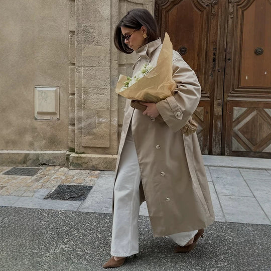 Damen Maxi-Trenchcoat mit hohem Stehkragen, doppelreihiger Knopfleiste & Taillengürtel Nord Taschen