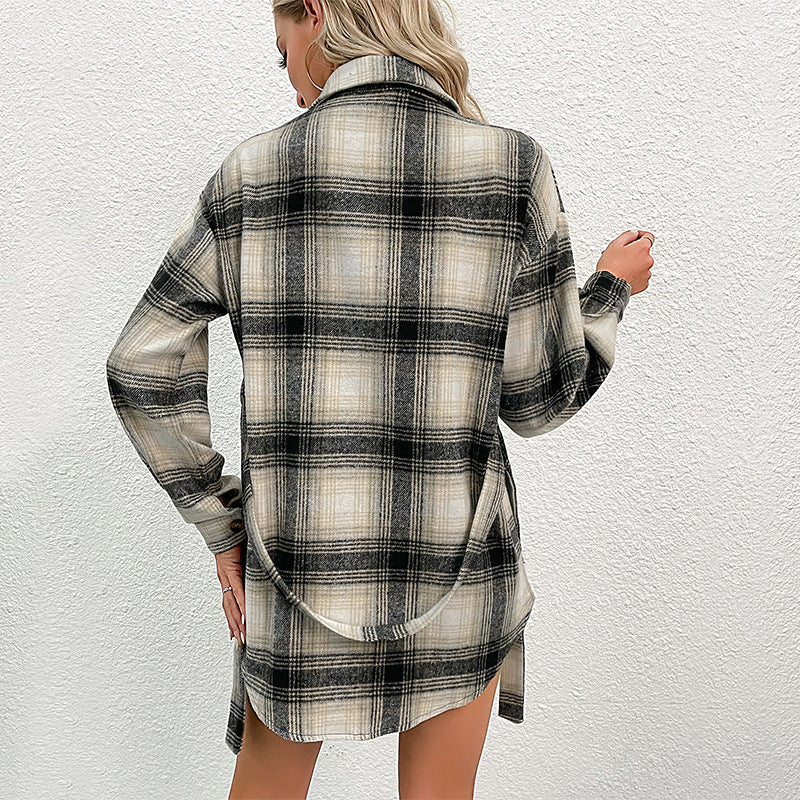 Damen Kariertes Longline-Hemdmantel mit Knopfleiste und Taillengürtel Nord Taschen