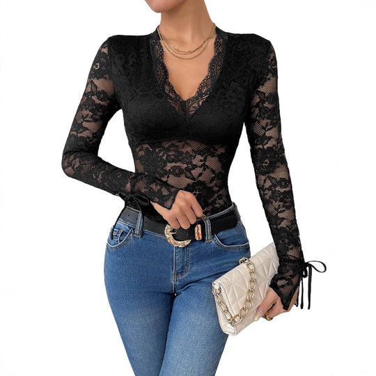 Damen Figurbetonter Spitzen-Body mit V-Ausschnitt, transparenter Blumen-Spitze und Ärmelbindern Nord Taschen