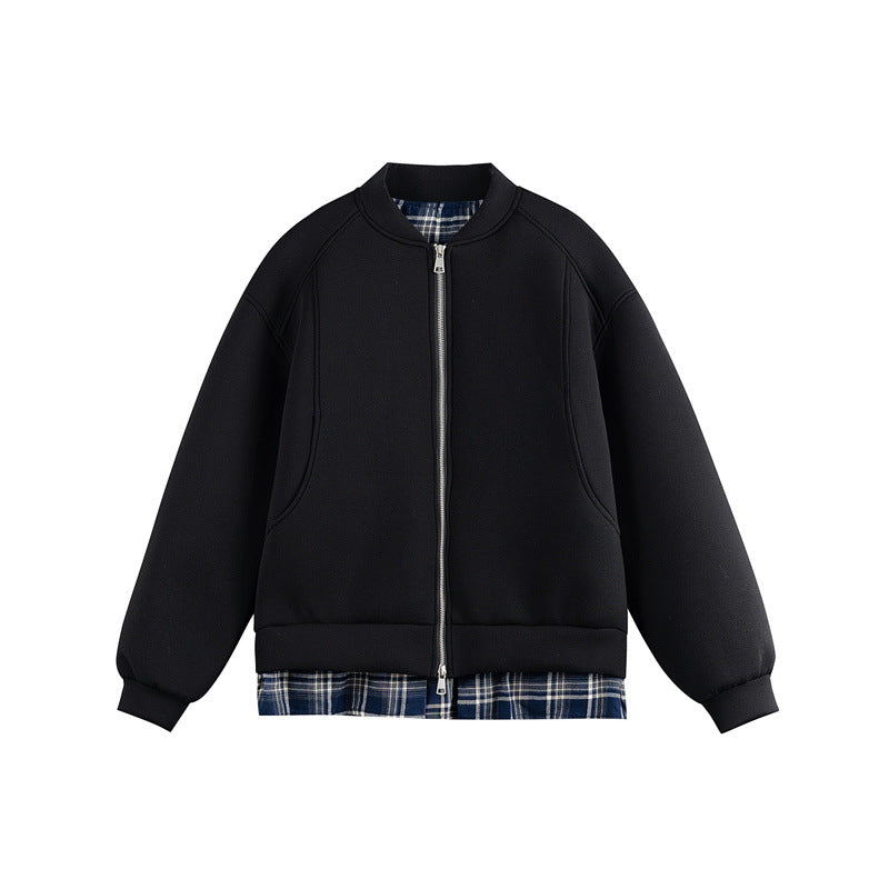 Damen Zwei‑in‑Eins Bomber‑Sweatjacke mit Karo‑Layer‑Einsatz und Stehkragen Nord Taschen