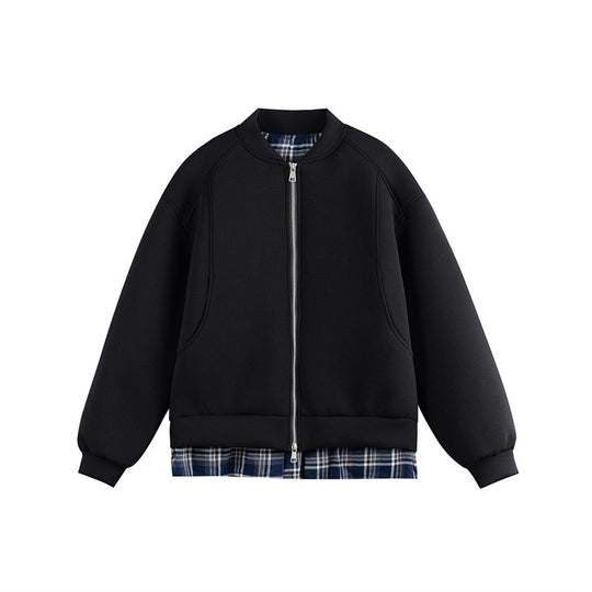 Damen Zwei‑in‑Eins Bomber‑Sweatjacke mit Karo‑Layer‑Einsatz und Stehkragen Nord Taschen
