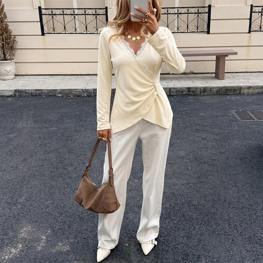Damen Wickel-Longsleeve mit Spitzenbesatz und seitlicher Raffung Nord Taschen