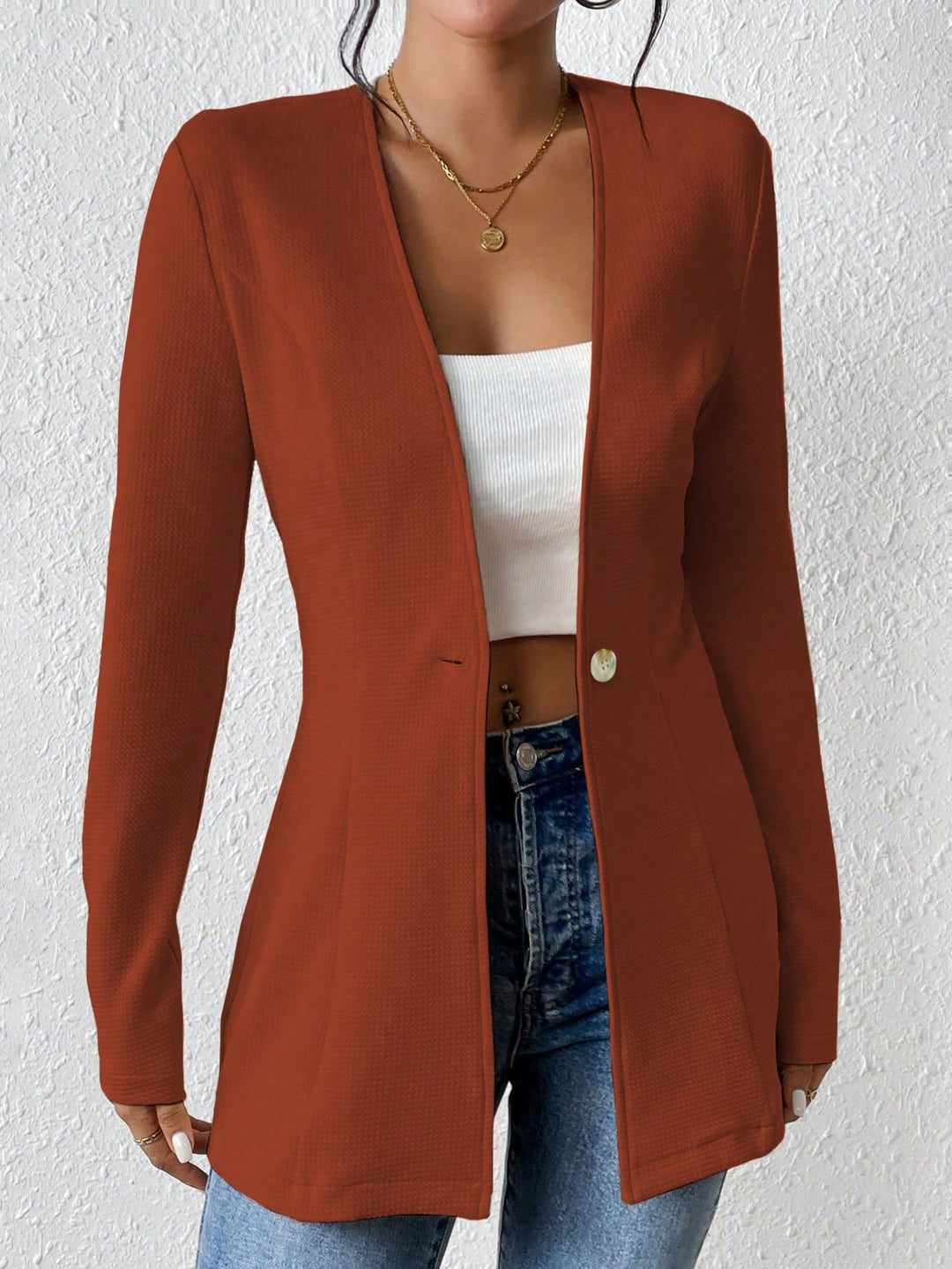 Damen Taillierter Longblazer mit V-Ausschnitt und Ein-Knopf-Verschluss Nord Taschen