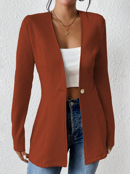 Damen Taillierter Longblazer mit V-Ausschnitt und Ein-Knopf-Verschluss Nord Taschen