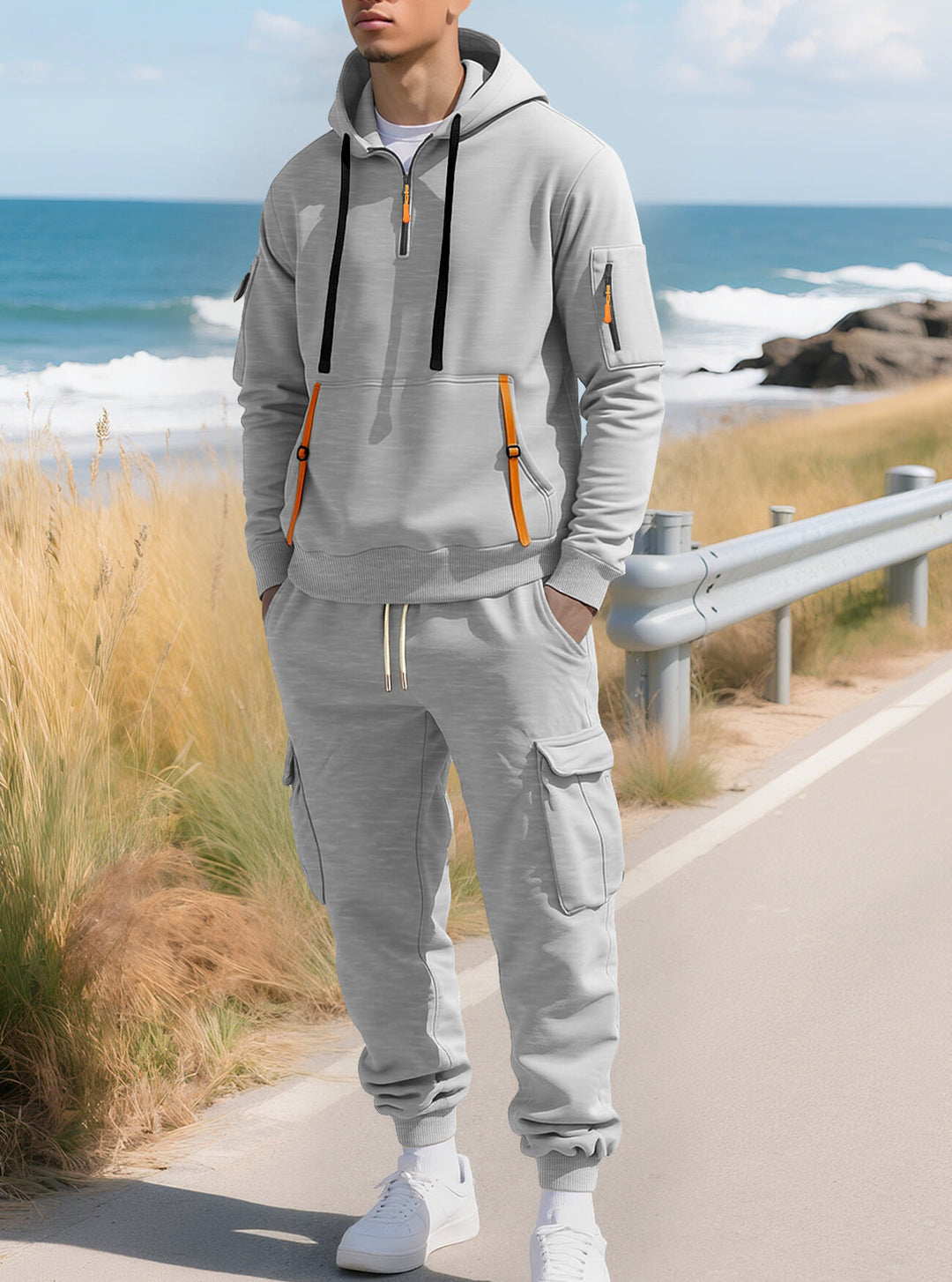 Herren Kapuzensweatshirt mit Utility-Taschen, Halbzip und kontrastierenden Reißverschlüssen Nord Taschen