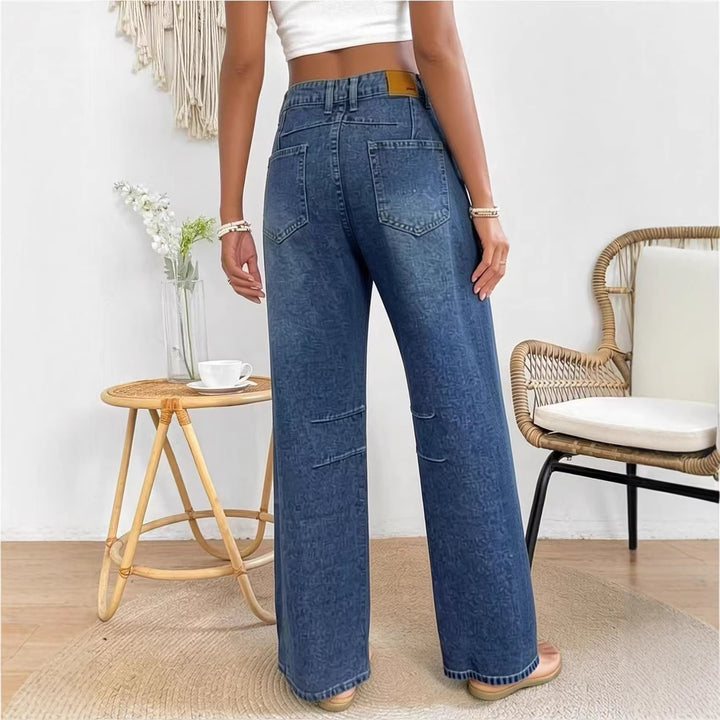 Damen High-Waist weite Denim-Hose mit ausgestelltem Bein und tonalen Knie-Abnähern Nord Taschen