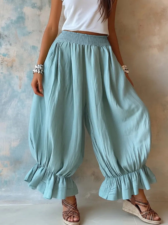 Damen Weite Haremhose mit Rüschenbündchen und Smok‑Taillenbund Nord Taschen