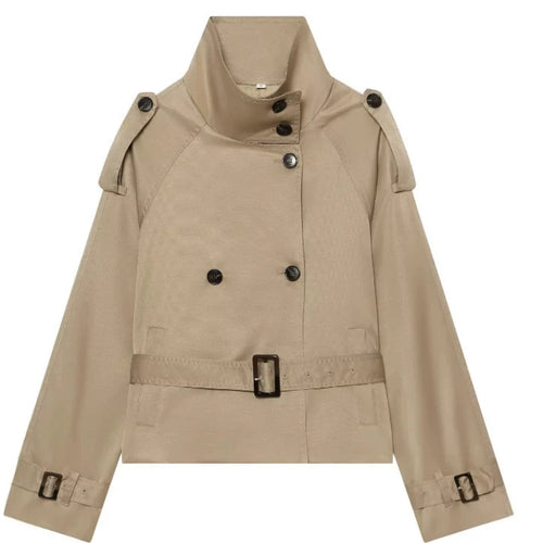 Damen Kurz geschnittener Trenchblouson mit hohem Stehkragen und Taillengürtel Nord Taschen