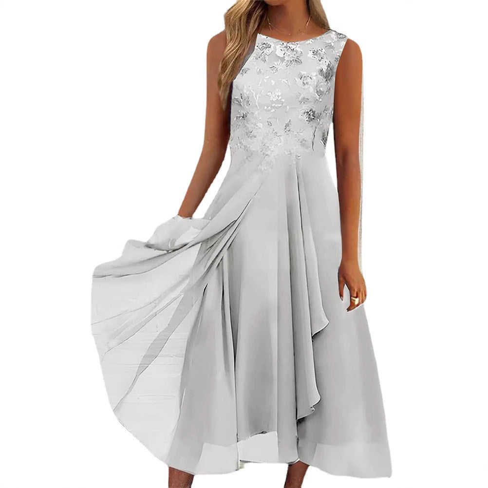 Damen nan ärmelloses Chiffon-Midikleid mit bestickter Brustpartie und asymmetrischem Lagenrock - Arvani