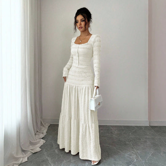 Damen Figurbetontes Rüschen‑Maxikleid mit Quadrat-Ausschnitt und Knopfleiste Nord Taschen