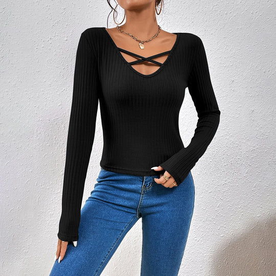 Damen geripptes Langarmshirt mit gekreuztem V‑Ausschnitt, ausgestellten Manschetten und figurbetonter Stretch-Passform Nord Taschen