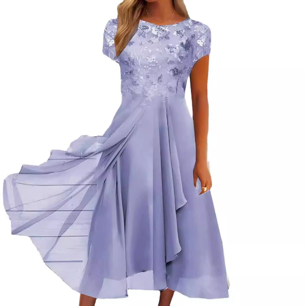 Damen nan elegantes Chiffon-Midikleid mit floraler Spitzenapplikation und fließendem Tellerrock Avellé