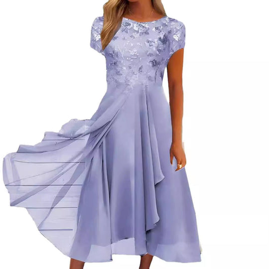 Damen nan elegantes Chiffon-Midikleid mit floraler Spitzenapplikation und fließendem Tellerrock Avellé