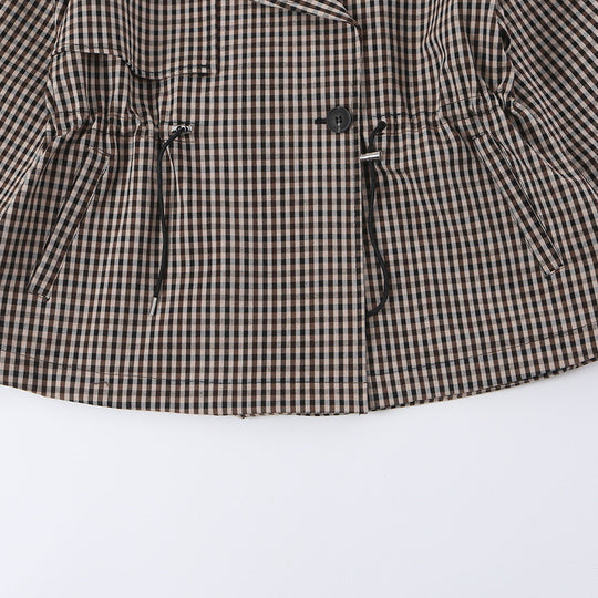 Damen Kurze Karo-Trenchjacke mit Tunnelzug-Taille und weitem Revers Nord Taschen