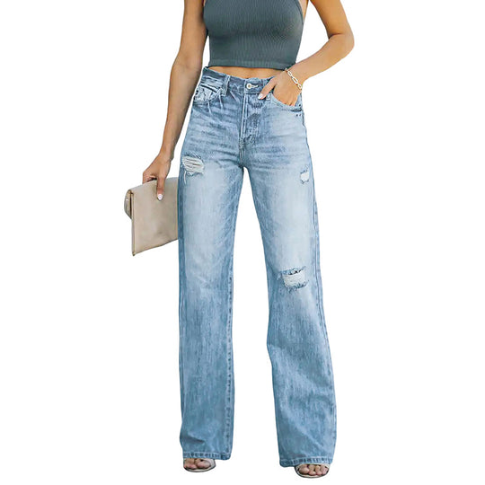 Damen Hochtaillierte weite Straight-Leg-Jeans mit Destroyed-Details Nord Taschen