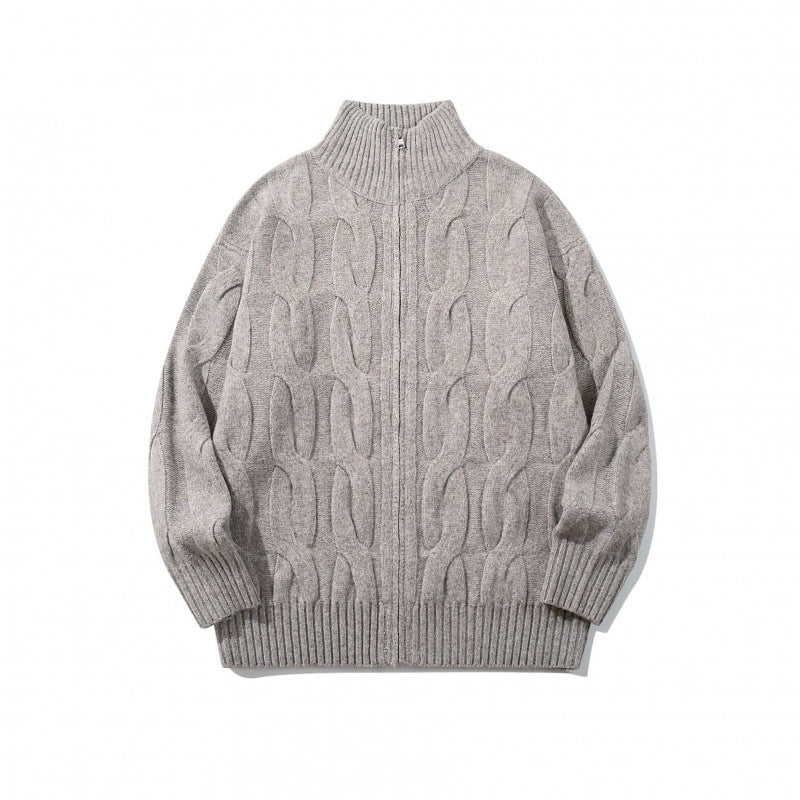 Unisex Grobgestrickter Reißverschluss-Cardigan mit Zopfmuster und hohem Rippkragen Nord Taschen