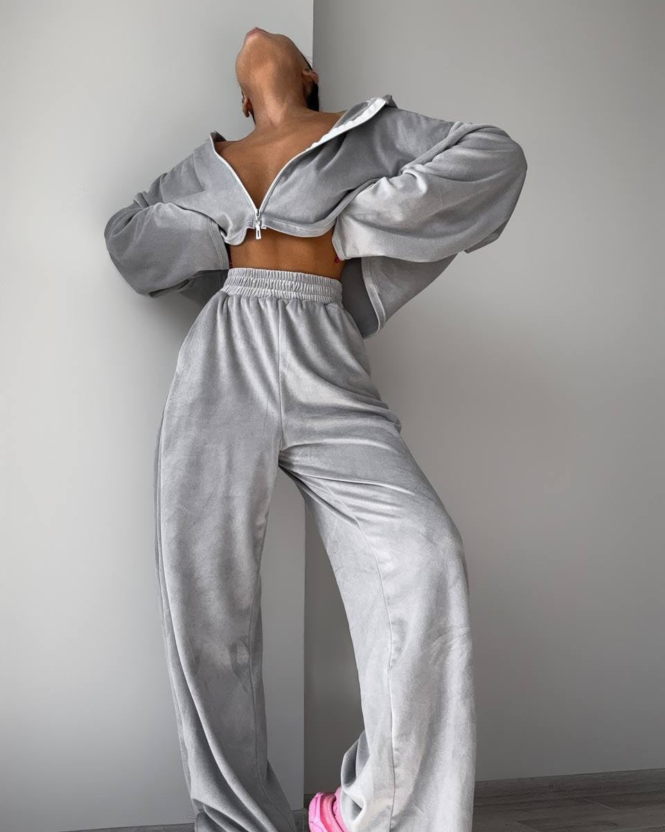 Damen kurzes Samt-Cropped-Zipshirt mit weitem High‑Waist Palazzo‑Hose Zweiteiler Nord Taschen