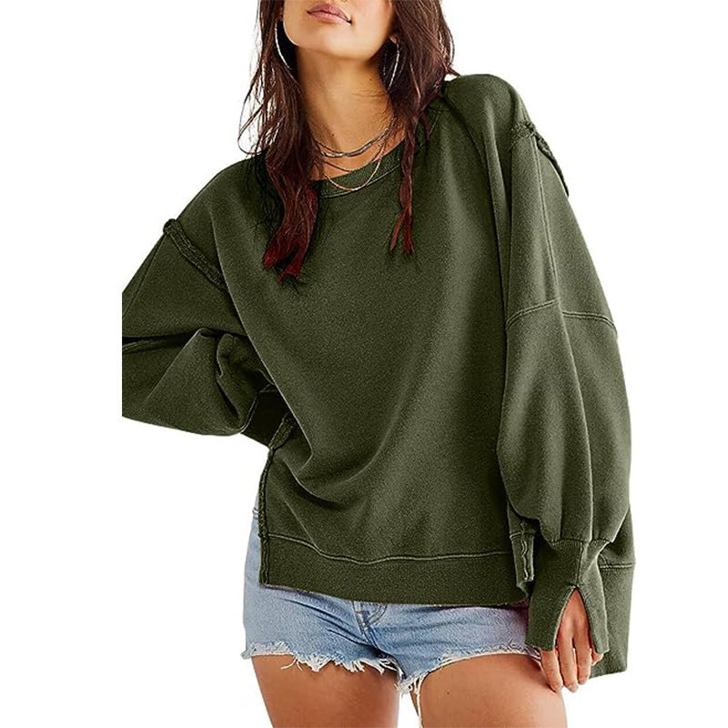 Damen Oversized Sweatshirt mit Ballonärmeln, seitlichen Schlitzen und offenen Kanten Nord Taschen