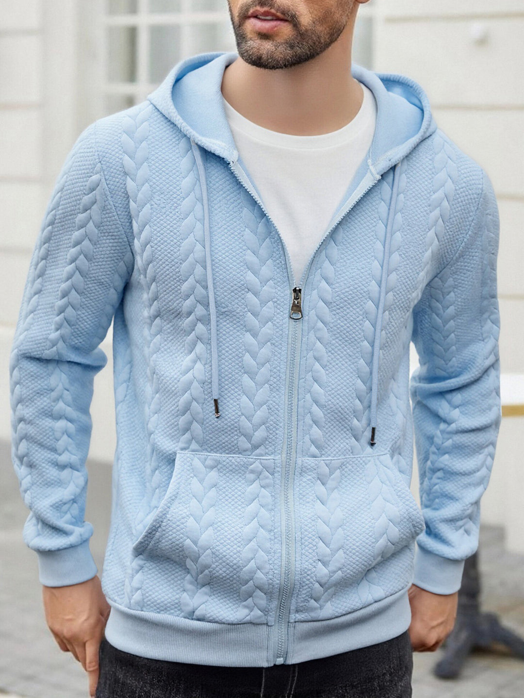 Herren strukturierte Kapuzen-Sweatjacke mit Zopfmuster, durchgehendem Reißverschluss und Kängurutasche Nord Taschen