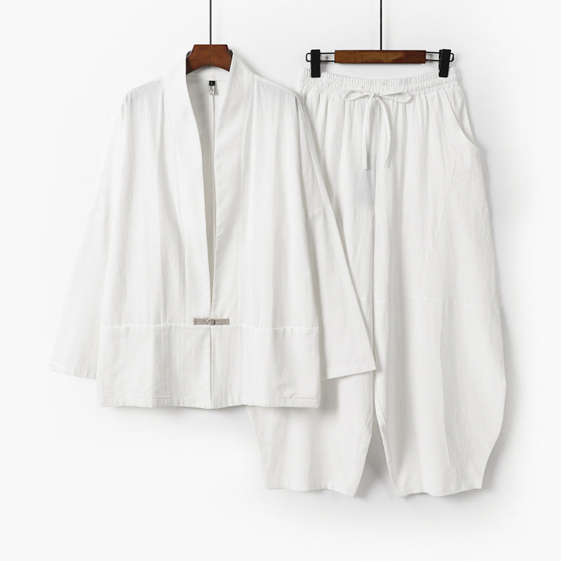 Herren Kimono-Loungewear-Set mit kurzem Schalkragen und weiten Harem-Bundhosen Nord Taschen