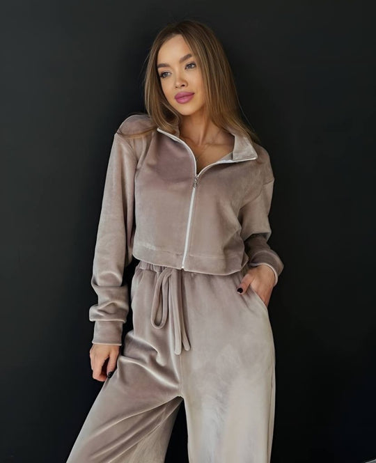 Damen gekürztes Velours-Cropped-Hoodie mit Stehkragen und elastischer High-Waist-Palazzo-Jogginghose Nord Taschen