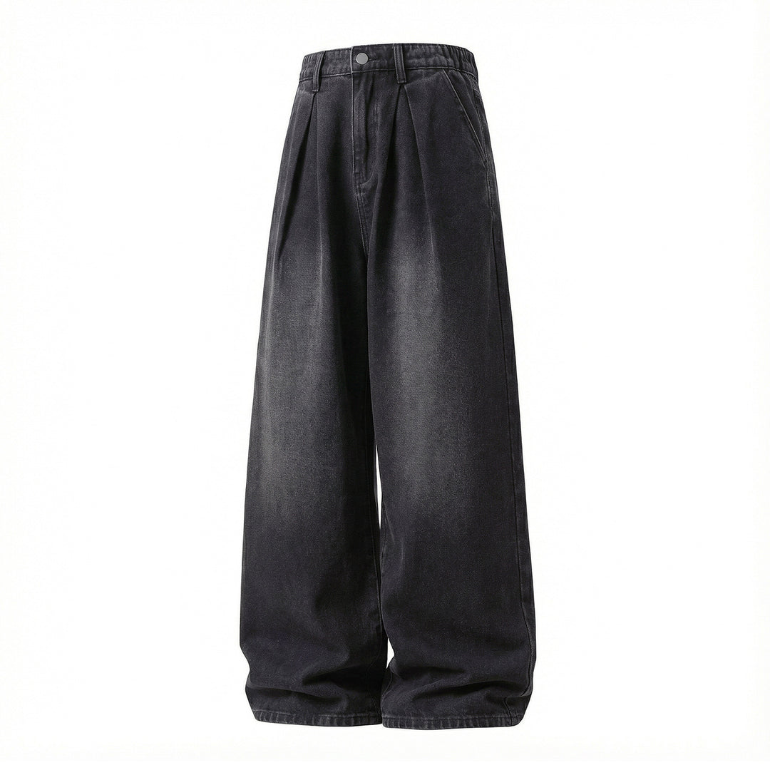 Damen Extraweite High‑Waist Jeanspalazzohose mit Kellerfalten und elastischem Rückbund Nord Taschen