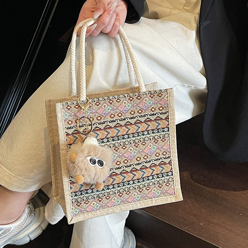 Damen Jute-Tragetasche mit dekorativem Ethno-Muster Nord Taschen