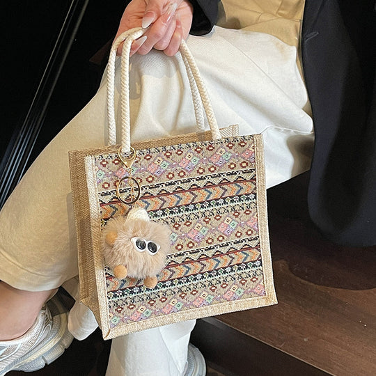 Damen Jute-Tragetasche mit dekorativem Ethno-Muster Nord Taschen