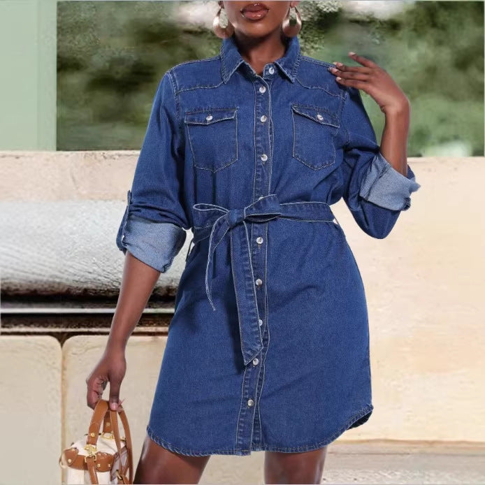 Damen Denim-Hemdblusenkleid mit Taillengürtel und aufgesetzten Brusttaschen Nord Taschen