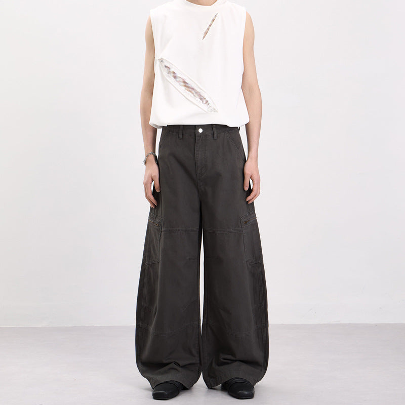 Herren Weite Twill-Palazzo-Cargohose mit tiefem Schritt, Knieabnähern und Utility-Taschen Nord Taschen