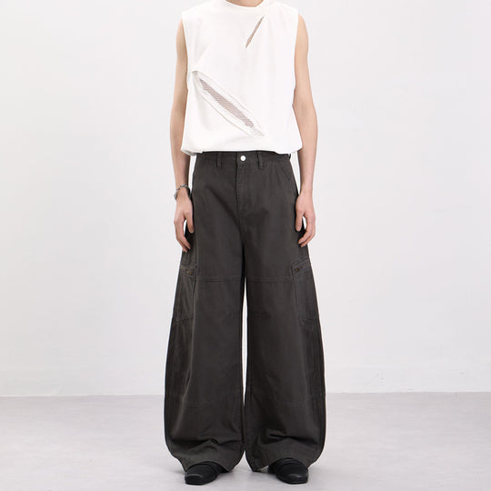 Herren Weite Twill-Palazzo-Cargohose mit tiefem Schritt, Knieabnähern und Utility-Taschen Nord Taschen