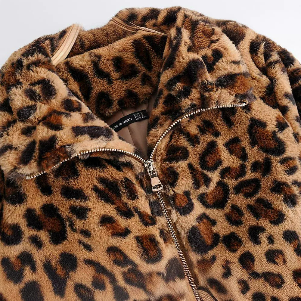 Damen Kunstfelljacke mit Leopardenmuster, durchgehendem Reißverschluss und elastischem Saum Nord Taschen