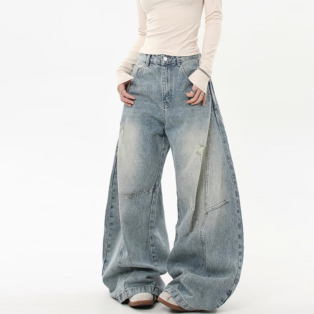 Damen Weitgeschnittene Denim-Hose mit Rissen Nord Taschen