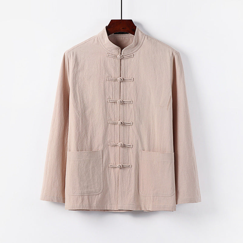 Herren traditionelle Tang-Jacke mit Stehkragen und Knotenknöpfen aus Leinenmischung Nord Taschen