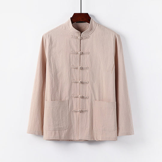 Herren traditionelle Tang-Jacke mit Stehkragen und Knotenknöpfen aus Leinenmischung Nord Taschen
