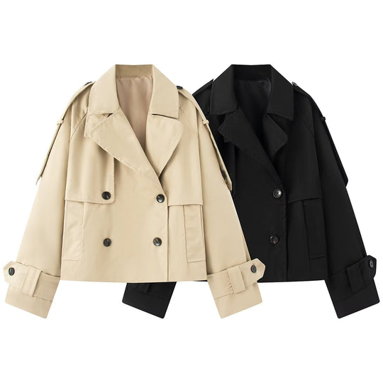 Damen Kurz geschnittener Cropped-Trenchcoat mit doppelreihiger Knopfleiste und Schulterklappen Nord Taschen