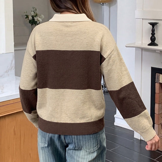 Damen Gestreifter Oversize-Polo-Strickpullover mit Knopfleiste und Rippsaum Nord Taschen