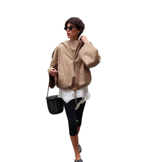 Damen Oversize Kapuzen-Pulloverjacke mit halbem Reißverschluss und Schulterpasse Nord Taschen