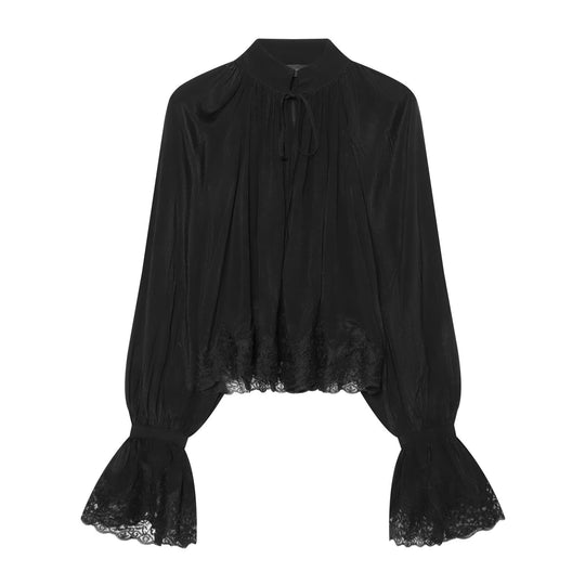 Damen Transparente Bluse mit Stehkragen, Volantenärmeln und Spitzenborte Nord Taschen
