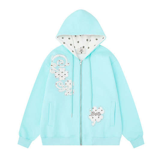 Damen Kapuzen-Sweatjacke mit durchgehendem Reißverschluss, gepunktetem Innenfutter und dekorativen Applikationen Nord Taschen