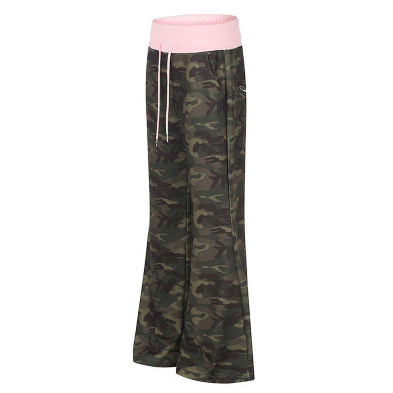 Damen Palazzo-Loungehose mit hohem Umschlagbund, Kordelzug und Camouflage-Muster Nord Taschen