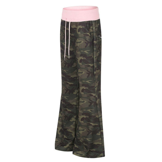 Damen Palazzo-Loungehose mit hohem Umschlagbund, Kordelzug und Camouflage-Muster Nord Taschen