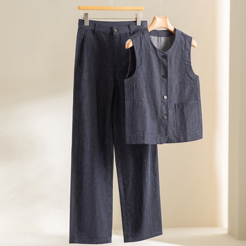 Damen Ärmellose leicht taillierte Weste aus Leinen-Denim mit Knopfleiste und aufgesetzten Taschen Nord Taschen
